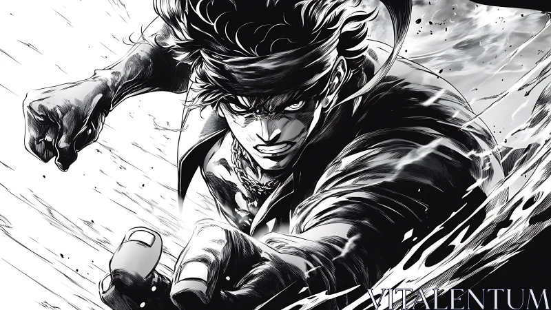 Dynamic manga fighter lunges forward with intense motion