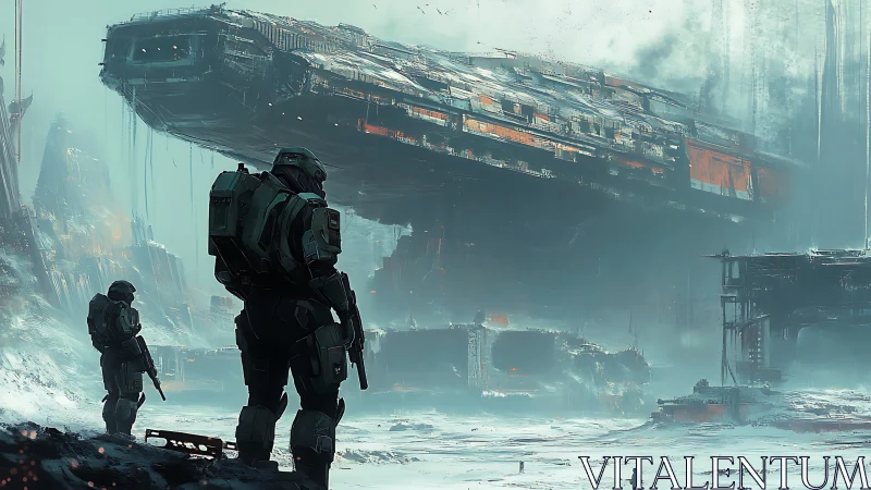 Armored scouts beneath a slumbering starship colossus.