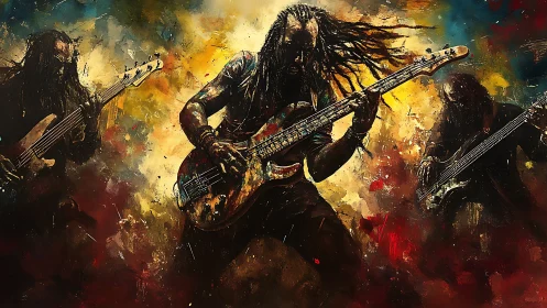 Explosive rock band performance erupts in vivid color and motion.