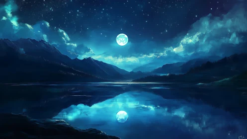 Moonlit mountain lake glows softly beneath a starry sky