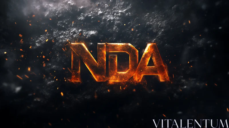 3D molten metal NDA logotype in dynamic ember field.