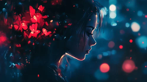 Melancholic girl in neon bokeh glow reflects in silence