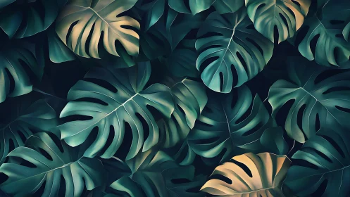 Digital foliage pattern with overlapping monstera leaves.