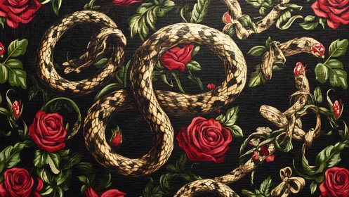 Coiled snakes interwoven with red roses on dark ground.
