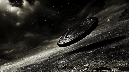 Tilted alien disc hovers over cratered monochrome moon