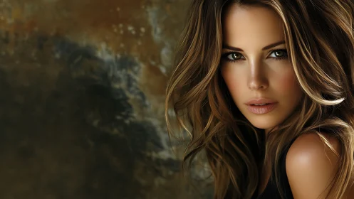 Cinematic close-up of woman against textured ochre wall.