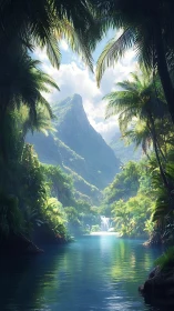 Tropical canyon lagoon with layered atmospheric depth and specular water