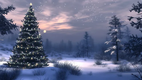 Illuminated Christmas tree in snow-covered twilight forestscape
