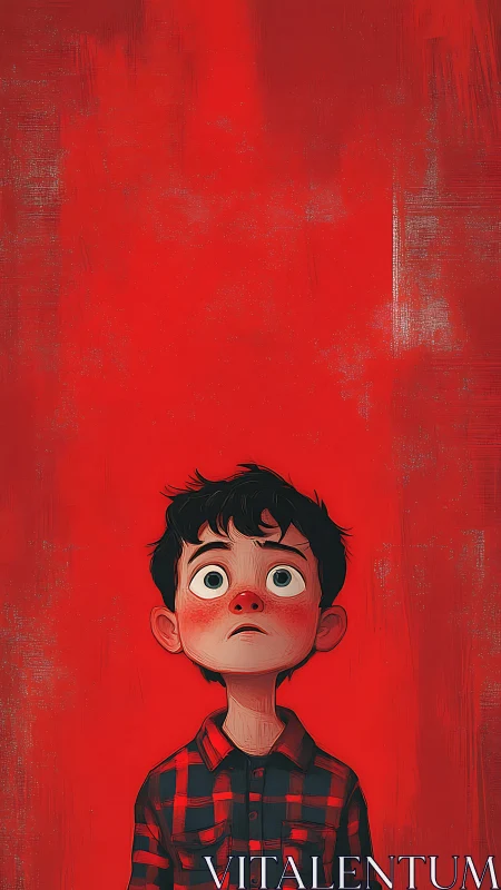 Wide-eyed boy studies towering crimson void above.