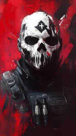 Skull-masked soldier portrait over violent red field.