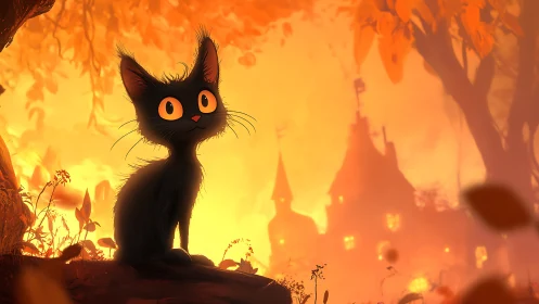 A Curious Black Cat Glowing Against a Fiery Orange Sunset