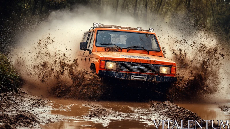 Mud-slinging orange off-road beast carving a wild trail.
