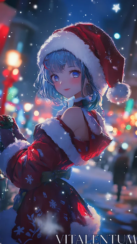 Snowlit anime girl in Santa coat embraces glowing city night