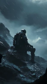 Solitary armored explorer on wet rocky ridge under storm.