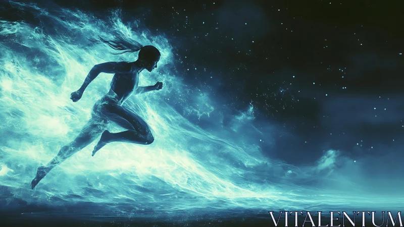 Neon energy runner emerges from plasma trails in motion