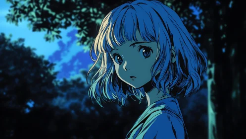 Blue haired anime girl in quiet moonlit forest scene.