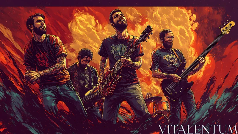 Rock band illustration against fiery abstract backdrop.
