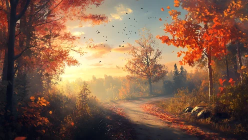 Golden autumn path where quiet light meets falling leaves.