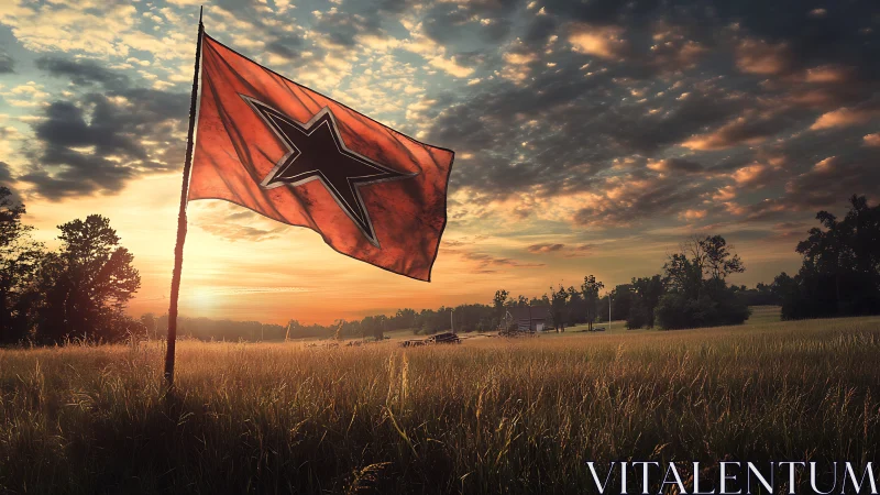 Red battle flag with black star over sunlit rural field.