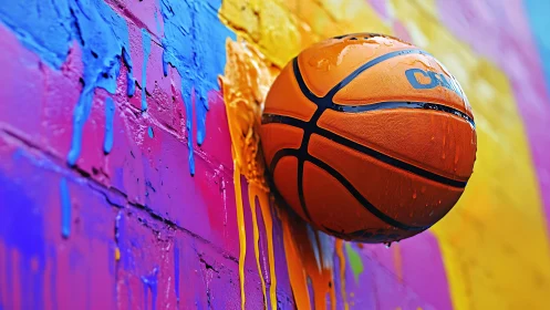 Streetball comet splashing through neon paint-soaked wall.