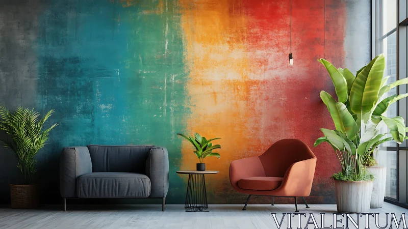 Modern seating arrangement stands before gradient mural wall
