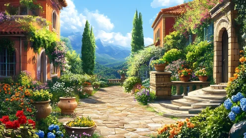 Sunlit Tuscan lane embraced by blooming villa gardens.