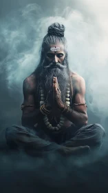 Mystic yogi in deep meditation surrounded by swirling fog.