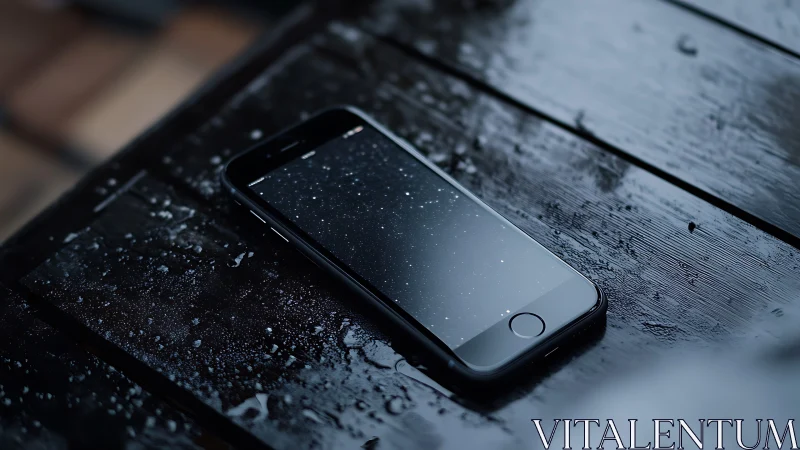 Water-Damaged Smartphone on Weathered Dark Wood Surface