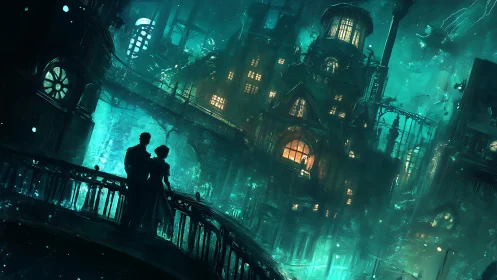 Neon Cityscape with Silhouetted Figures on Luminescent Bridge.