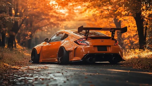 Autumn road daydream with a bold orange sports car.