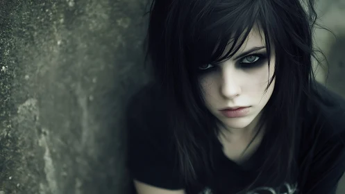 Moody goth girl with piercing eyes and soft, quiet strength.