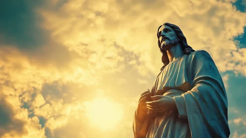 Backlit stone Christ statue framed by dramatic sunset sky