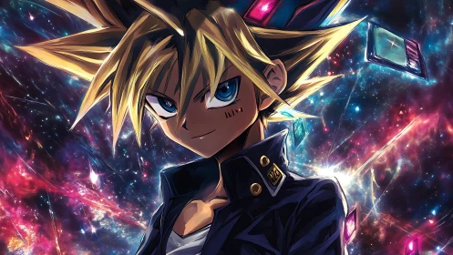 Stellar duel prodigy with spiked hair amid cosmic shards.