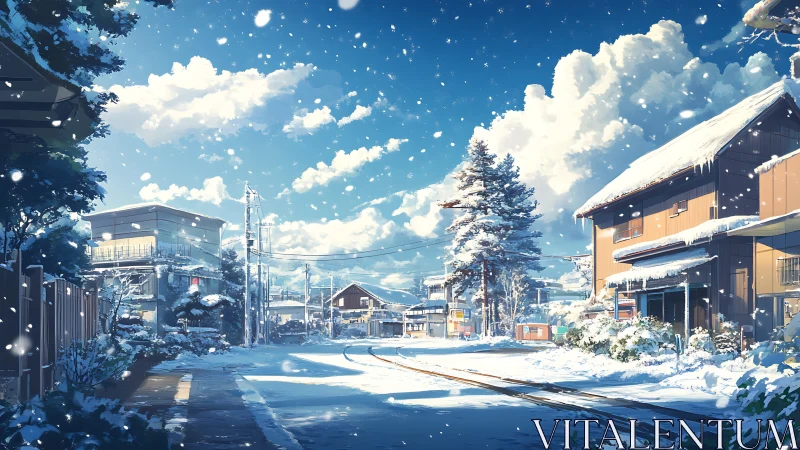 Snow covered residential street under clear blue sky.