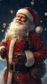 Portrait of Santa Claus in winter snowfall at night.