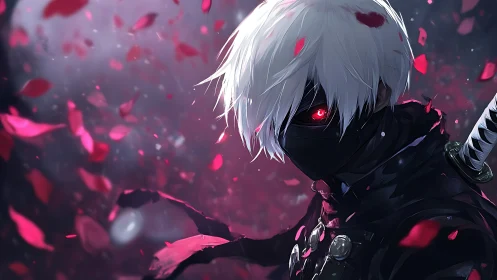 Masked crimson-eyed swordsman amid storm of falling petals.