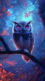 Midnight oracle owl glows in neon forest hush.