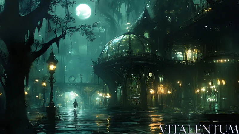 Gothic glass atrium dominates a moonlit neo-noir streetscape