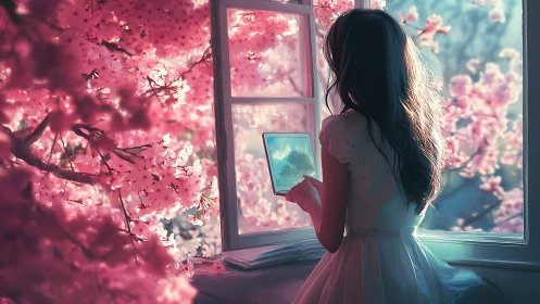 Girl at open window studies tablet amid luminous cherry bloom