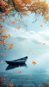 Lonely rowboat on calm lake with falling autumn leaves.