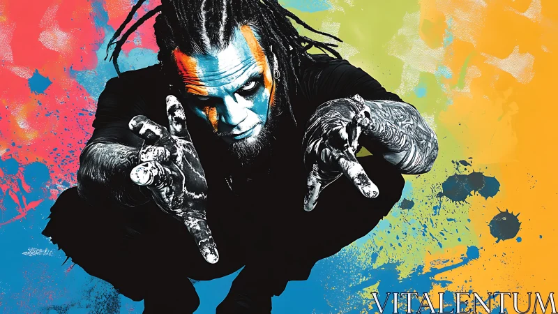 Tattooed man with face paint on vivid splatter backdrop.