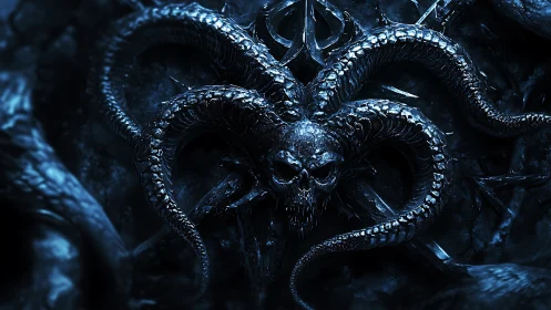 3D demonic skull relief with coiling serpentine horns composition.