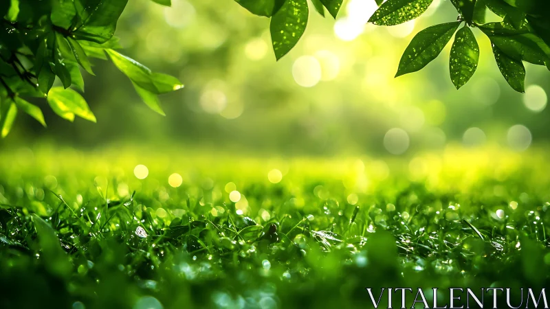 Sunlit Dewy Grass and Leaves in Lush Green Nature Scene.