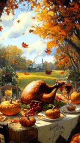 Roasted turkey on autumn table before rural church landscape