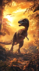 Sunfire raptor stalking a molten-gold Jurassic jungle.