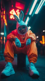 Cyberpunk street portrait with neon-lit rabbit hood figure.