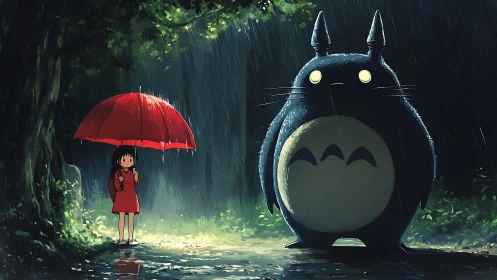 Nocturnal rainfall encounter between child and forest guardian.