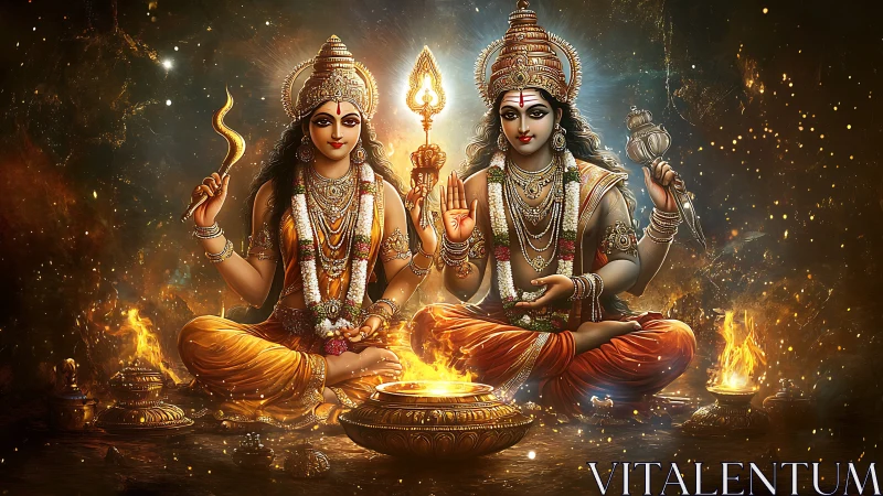 Radiant divine couple sits in glowing ceremonial warmth