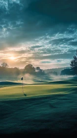 Gentle sunrise over a quiet golf green wrapped in morning mist.