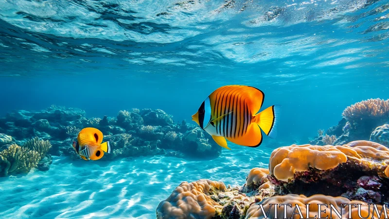 Striped butterflyfish gliding through sunlit coral reef waters.